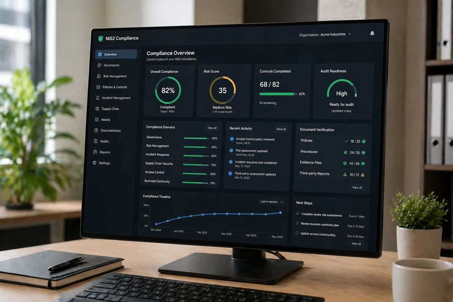 Arbeitsplatz mit NIS2-Compliance-Dashboard auf hochauflösendem Monitor